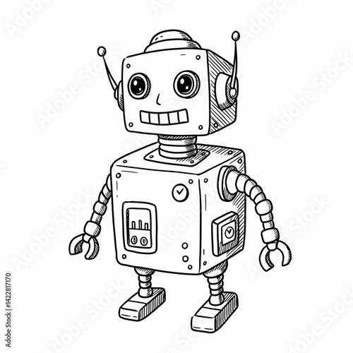 HandDrawn Robot with Boxy Body Antennae and Claw Hand