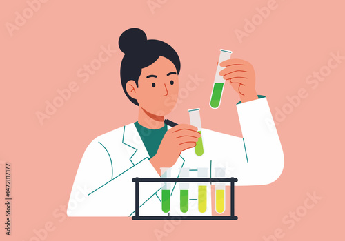 Scientist with Bun in Lab Coat Examining Green Liquid