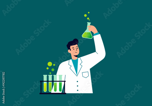 Scientist Observing Bubbling Green Liquid in Test Tubes