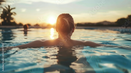 Woman swimming laps and exercising in an outdoor pool during a summer morning.
