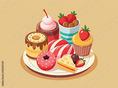 A plate with a variety of desserts, including chocolate cake with strawberries, strawberry cheesecake, a donut with red glaze, a cake with cream and a raspberry, and pink swiss rolls