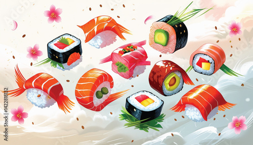 Minimalist sushi and roe against black background for japanese cuisine design. AI generated