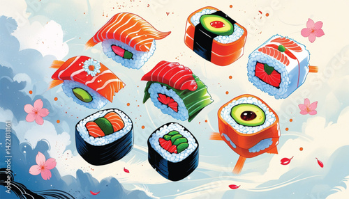 Minimalist sushi and roe against black background for japanese cuisine design. AI generated