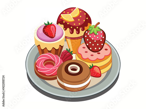A plate with a variety of desserts, including chocolate cake with strawberries, strawberry cheesecake, a donut with red glaze, a cake with cream and a raspberry, and pink swiss rolls