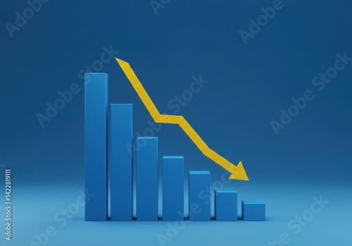 A downward trending yellow arrow over blue bar graph against a blue background in a studio shot Free Download A downward trending yellow arrow over blue bar graph against a blue background in a studio shot - GFXLoad