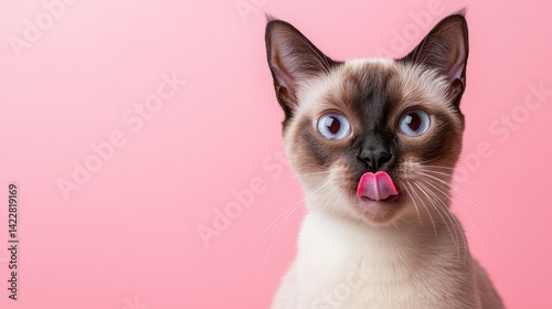 Adorable siamese cat with bright blue eyes licks its nose