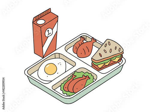 A school lunch tray with a fried egg, two chicken legs, a juice box and a sandwich with lettuce and tomato