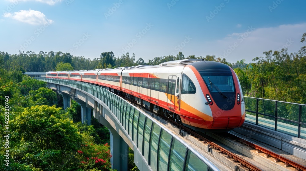 Fototapeta premium High-speed train traveling on elevated track over lush green forest, sleek locomotive crossing scenic railway route, modern transportation through natural landscape