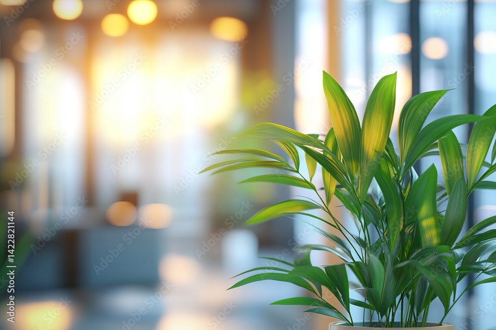 Modern office, green plant, blurred effect.