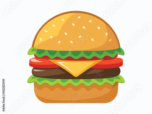 A burger with sesame seed bun, cheese, meat, tomato, lettuce and onion, the burger is on a white background