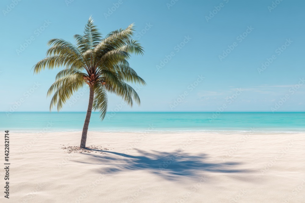 Tropical palm tree on sandy beach with clear blue sky, serene coastal landscape, exotic vacation destination, peaceful seashore scene under sunny weather Tropical palm tree on sandy beach with clear blue sky, serene coastal landscape, exotic vacation destination, peaceful seashore scene under sunny weather