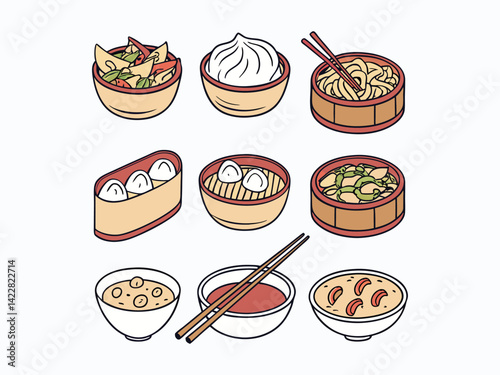 Set of  Asian food icons with different dishes like rice, dumplings, noodles and chopsticks on a white background