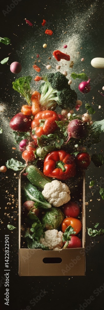 Fototapeta premium Regenerative Harvest Explosion Artisan CSA Farm Box Unveiling Vibrant Organic Produce with Dynamic Culinary Storytelling in Sustainable Agriculture