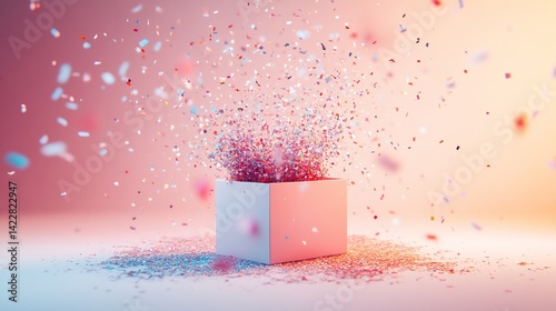 Pastel gift box exploding with colorful confetti