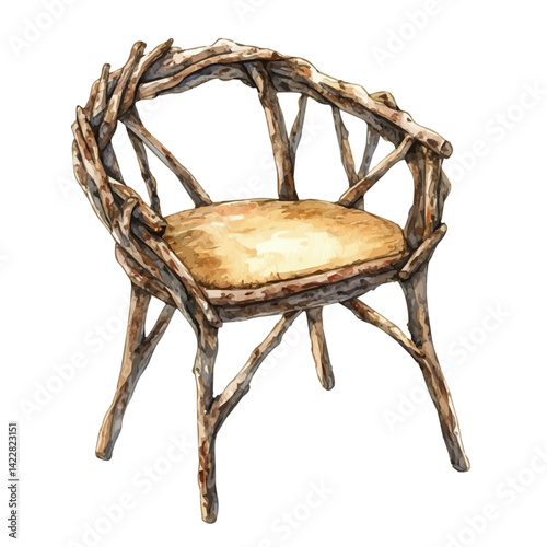 illustration of Chair Made Of Tree Branches, watercolor vector, isolated on a white background.