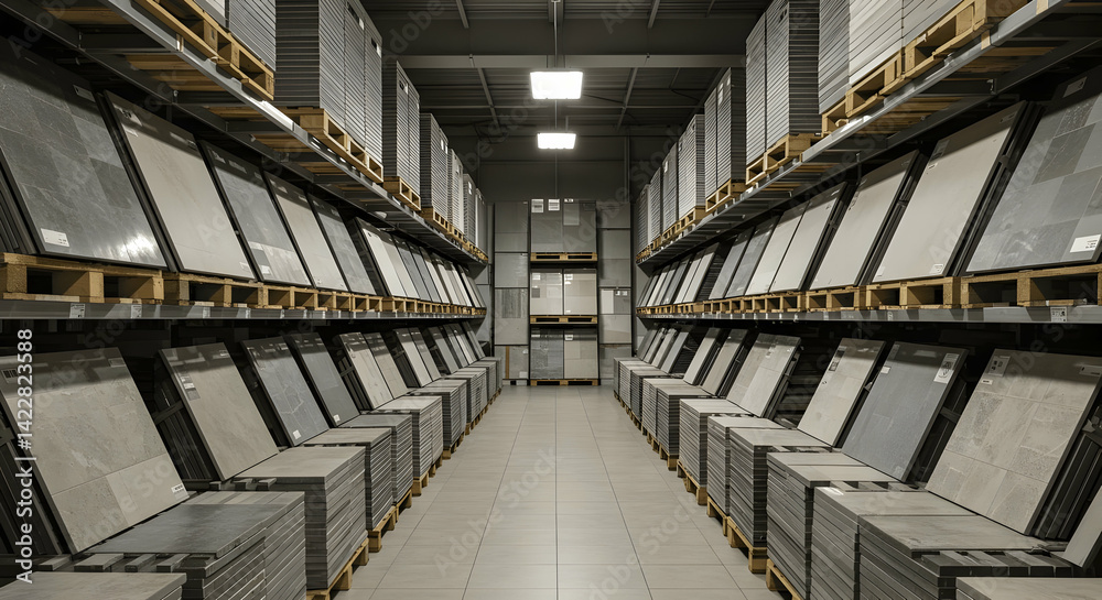 Large warehouse with variety of floor and wall ceramic tiles in boxes and on pallets ready for sale and distribution Large warehouse with variety of floor and wall ceramic tiles in boxes and on pallets ready for sale and distribution