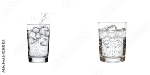 sparkling water with ice cubes on white background.