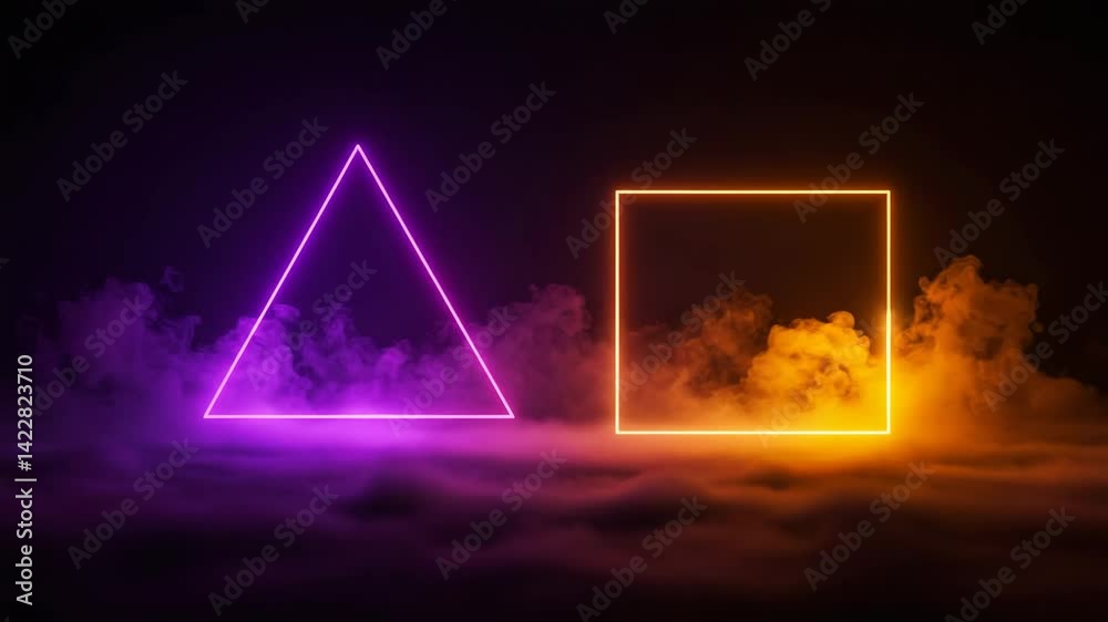 Glowing triangle and square,  Abstract neon background with glowing square shape and spinning cloud. Blank geometric frame in the sky, looping 3d animation. Neon geometric shapes, 