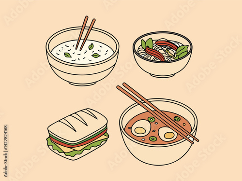 Food icons with different meals, including rice, sandwiches, and soups, all in bowls, with chopsticks, on a light orange background