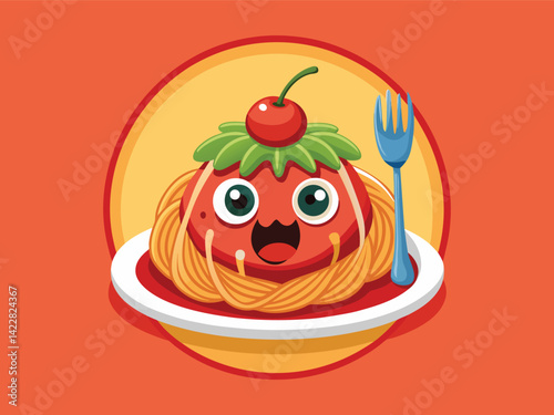 Spaghetti with tomato sauce and meatballs with cartoon eyes and mouth vector illustration