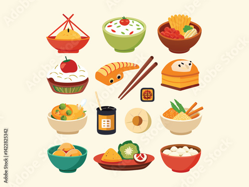 Set of  Asian food icons with different dishes like rice, dumplings, noodles and chopsticks on a white background