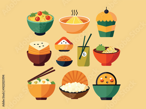 Food icons with different meals, including rice, sandwiches, and soups, all in bowls, with chopsticks, on a light orange background