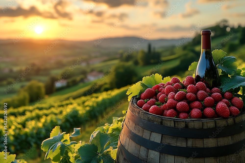 Fototapeta premium Sunset vineyard with wine bottle and strawberries in barrel.