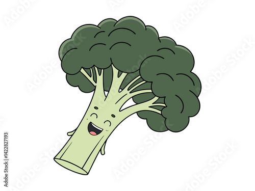 A kawaii broccoli with a smiling face, light green stem, dark green florets, simple black line mouth, light green cheeks, isolated on a white background