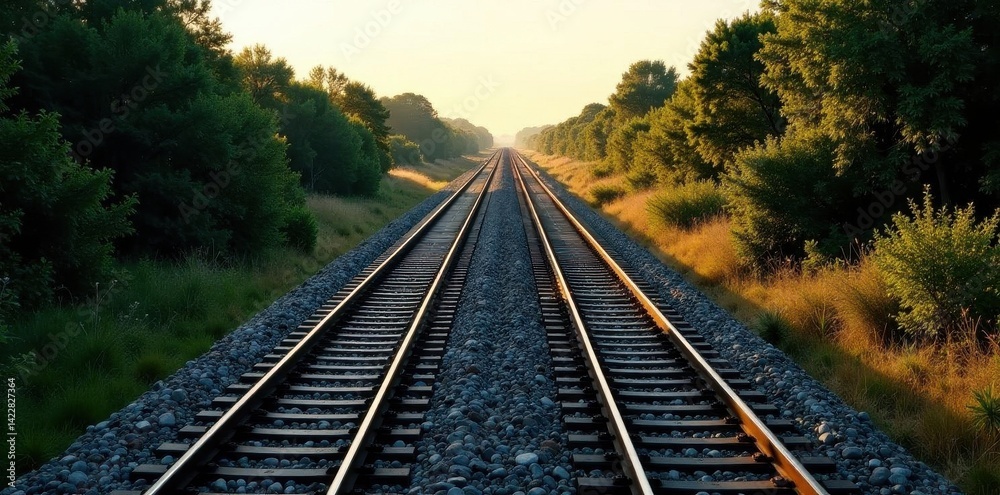 Fototapeta premium Overhead shot of parallel railway lines stretching into the distance, train, texture, industrial