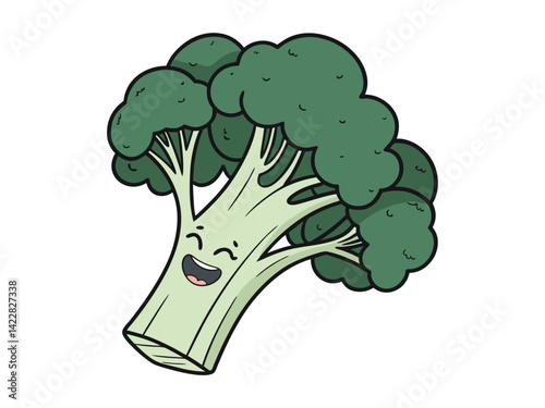 A kawaii broccoli with a smiling face, light green stem, dark green florets, simple black line mouth, light green cheeks, isolated on a white background