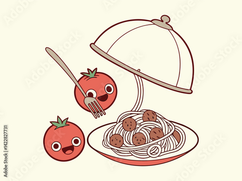 Spaghetti with tomato sauce and meatballs with cartoon eyes and mouth vector illustration
