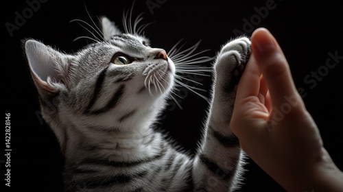 Striped tabby kitten gives paw to human hand