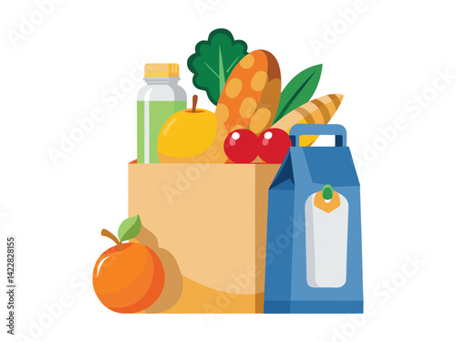 A paper bag full of groceries, including a milk carton, lettuce, oranges, a can of olives, and a baguette, on a white background