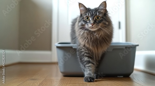 Long haired cat exiting a gray litter box indoors