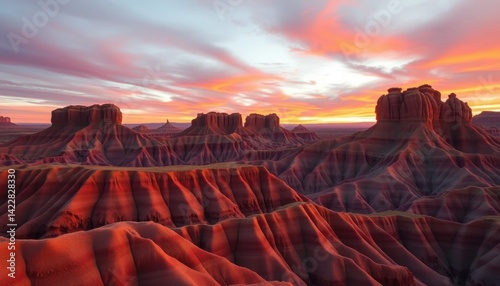 Dramatic Sunrise Over Eroded Rock Formations in a Desert Landscape