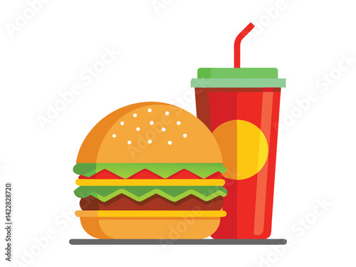 A burger with lettuce, tomato, cheese and meat, a red soda cup with a straw on a white background, fast food concept