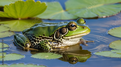 Marsh frog sits in lake and watches close-up. Green toad species of tailless amphibians of family ranidae. Single reptile of pelophylax ridibundus common in water. Portrait wet wild animal in pond.
