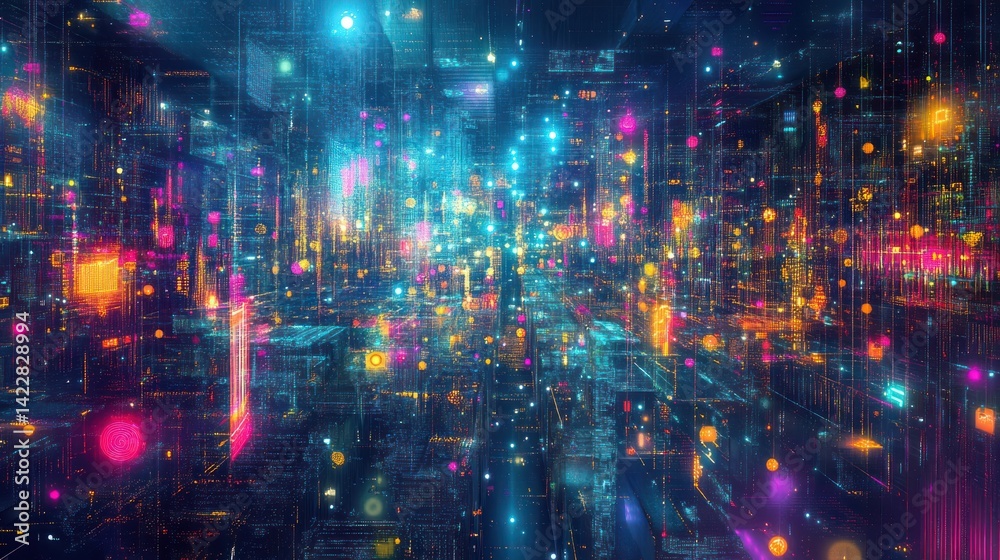 Luminous cybernetic cityscape digital visualization with vibrant bokeh effects Luminous cybernetic cityscape digital visualization with vibrant bokeh effects