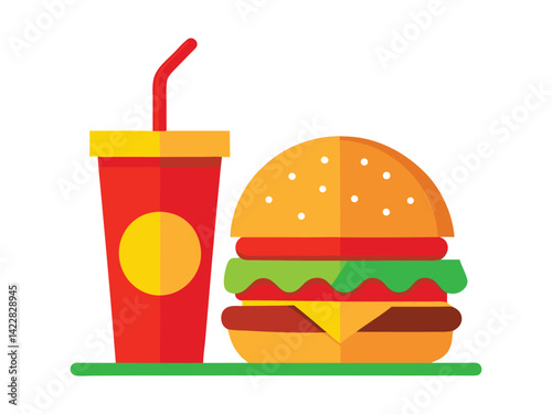 A burger with lettuce, tomato, cheese and meat, a red soda cup with a straw on a white background, fast food concept