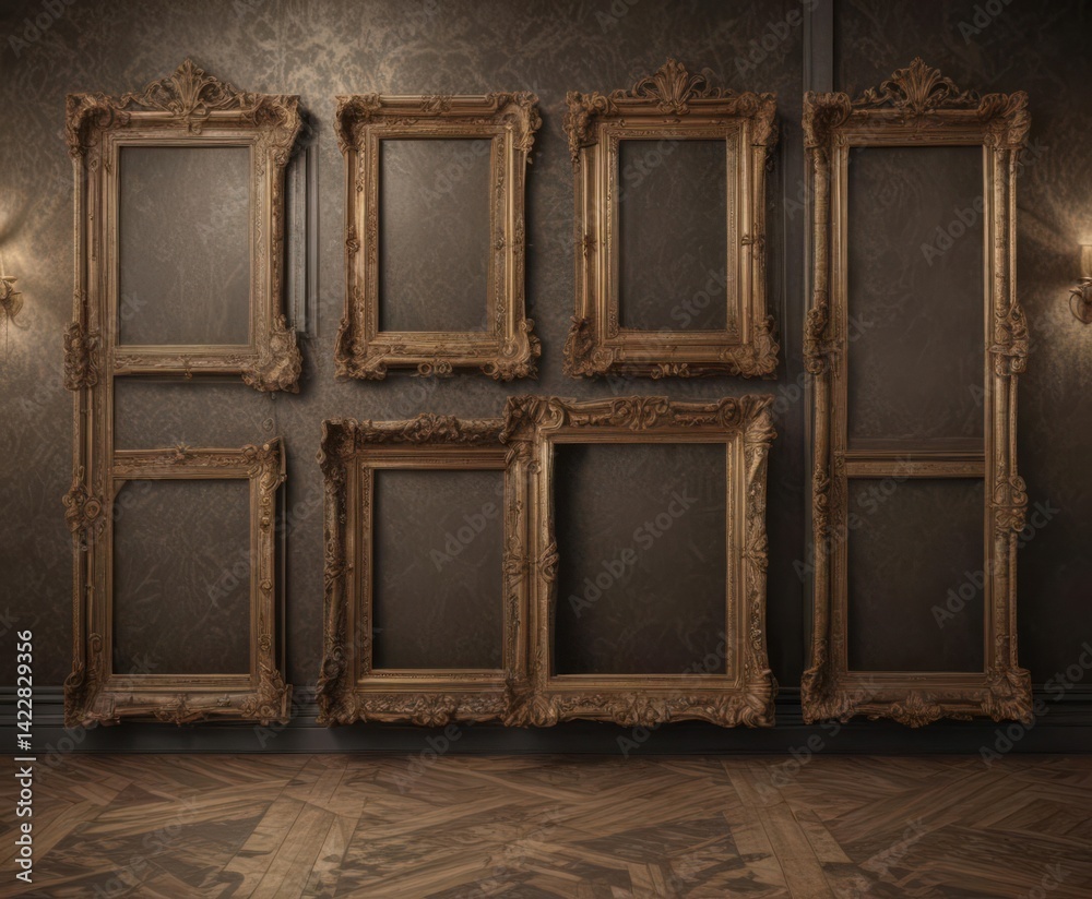 Intricate damask backdrop with aged photo frames , aged, Edwardian, art deco