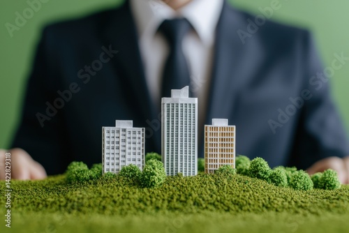 Businessman showcasing sustainable urban model with buildings on moss and greenery