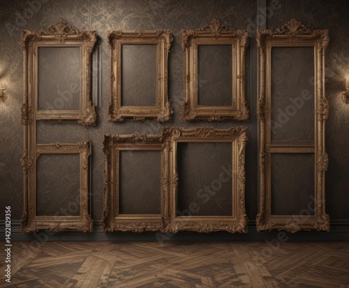 Intricate damask backdrop with aged photo frames ,  aged,  Edwardian,  art deco