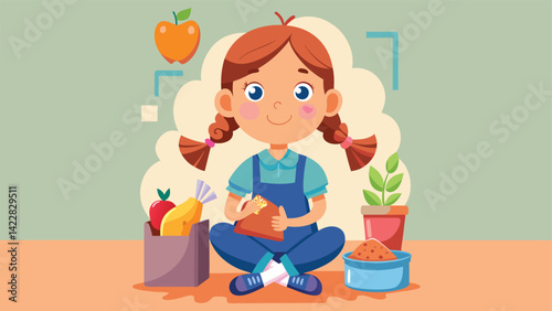 A Caucasian girl, age 7, with brown hair in pigtails, eating carrots in front of a lunchbox with sandwiches and a juice box, sitting on a chair