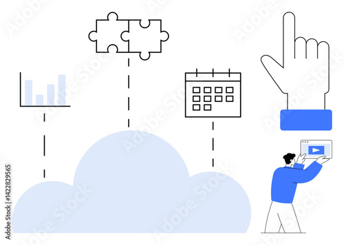Cloud connects data chart, puzzle pieces, calendar, giant hand, and person with video player. Ideal for teamwork, productivity, planning, innovation cloud storage learning simple landing page