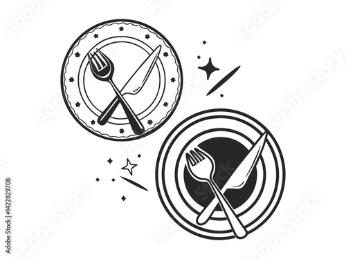 Two black and white icons of a plate with cutlery, one is a plate with a knife and a spoon, the other is a plate with a fork, a knife and a spoon