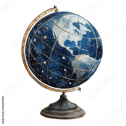 watercolor of Celestial Globe With Metallic Constellations, vector, isolated on a white background.