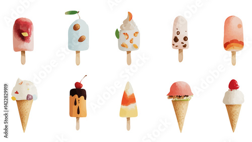 style Illustration of an Array of Ice Pops and Ice Cream Cones in a Flat Lay Arrangement, Showcasing a Plethora of Colorful Flavors and Creative Toppings, Perfect for Summery and Dessert