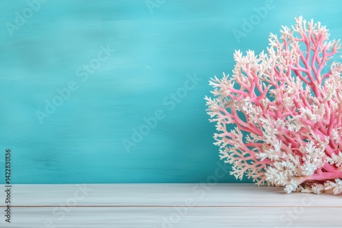 Fototapeta Naklejka Na Ścianę i Meble -  Pink coral branches resting on whitewashed wooden table against teal background