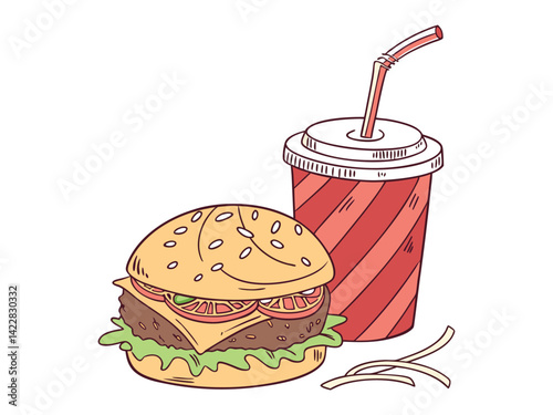 A burger with lettuce, tomato, cheese and meat, a red soda cup with a straw on a white background, fast food concept