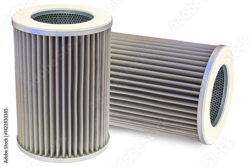 Two cylindrical metal mesh filters used for air or fluid filtration in industrial or automotive systems, designed to capture contaminants. – Machinery maintenance.